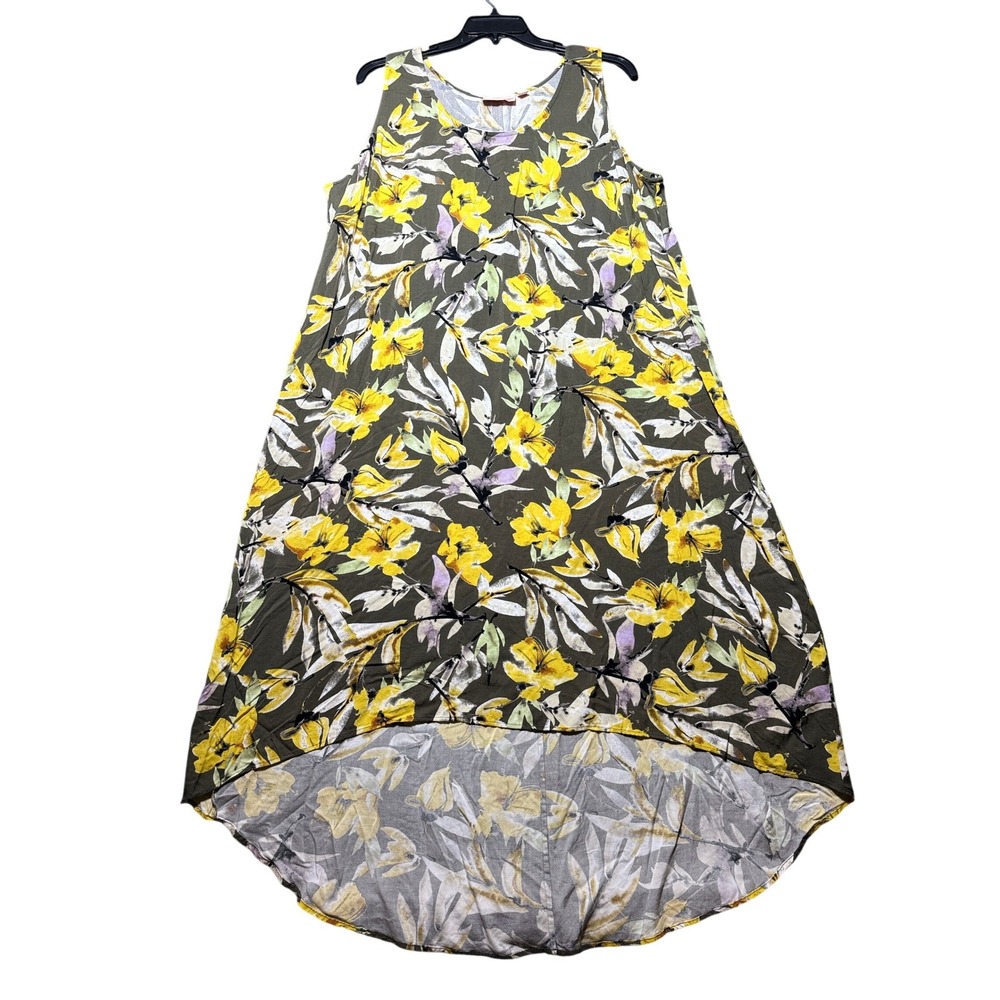 EVRI High Low Maxi Dress Women 2X Green Floral Excellent Sleeveless Rayon